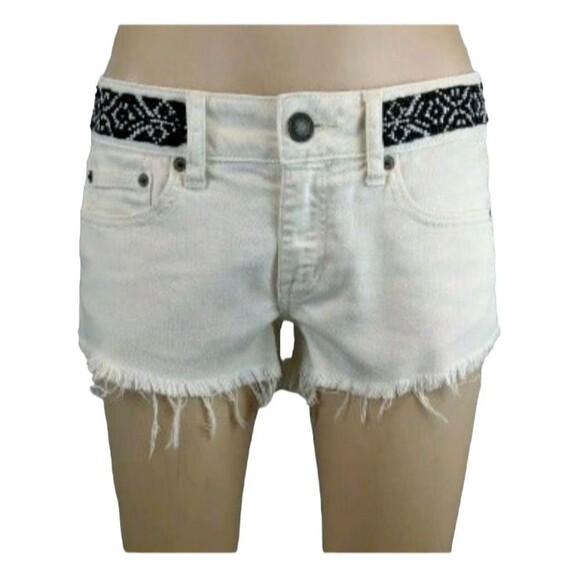 AMERICAN EAGLE Beaded Off-White Denim Cut-off Shortie Jean Shorts  Size 2 - Picture 2 of 8